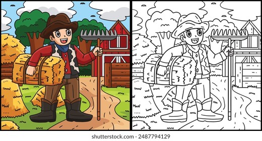 Cowboy with Rake and Hay Coloring Illustration