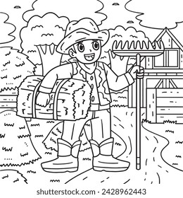 Cowboy with Rake and Hay Coloring Page for Kids