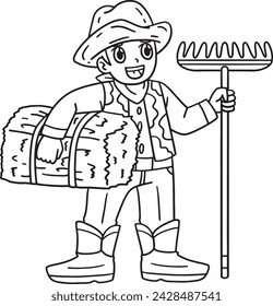 Cowboy with Rake and Hay Isolated Coloring Page