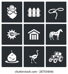 Cowboy ranch icons set. Vector Illustration.
Isolated Flat Icons collection on a black background for design