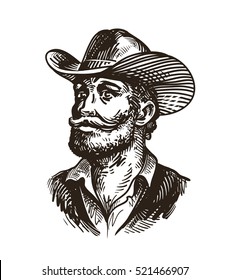 Cowboy, rancher or farmer. Hand drawn sketch vector illustration