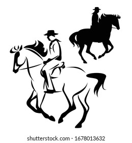 cowboy ranger riding running horse - side view man outline and silhouette black and white vector design