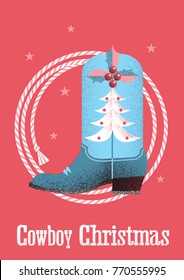 Cowboy red christmas card background with western boot and lasso.