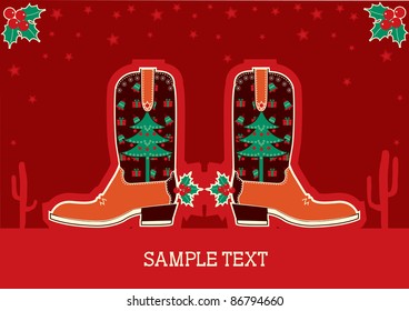 Cowboy red christmas  card with boots and holiday decoration