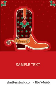 Cowboy red christmas  card with boots and holiday decoration