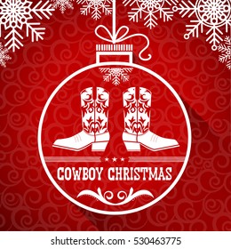 Cowboy red christmas card with text on ball.Vector western american illustration