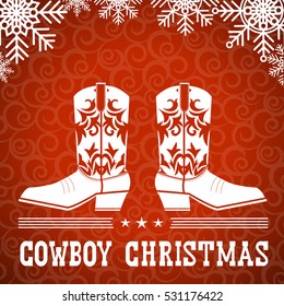 Cowboy red christmas card with text and snowflakes.Vector western american illustration