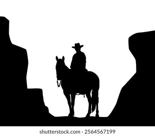 A cowboy is resting on his horse in a canyon in silhouette