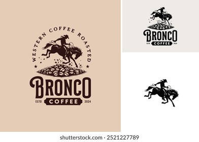 Um Cowboy Montar um Cavalo, Bucking Bronco Rodeo com uma pilha de feijões robusta arábica para café torrado fábrica ou café vintage etiqueta logotipo design