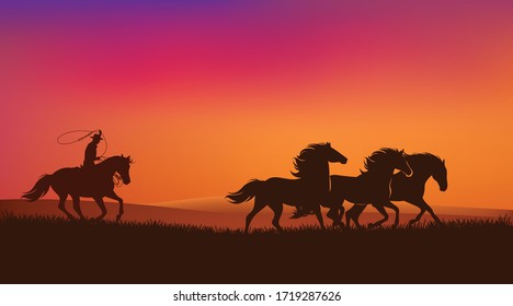 cowboy rider chasing mustang horses herd and throwing lasso - wild west sunset landscape scene vector silhouette design