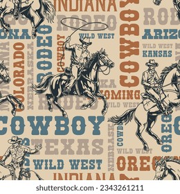 Cowboy rider colorful pattern seamless with brave guy riding stallion with lasso participating in rodeo show in Texas vector illustration