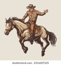 Cowboy rider colorful vintage emblem with bouncing horse and man in hat participating in wild west rodeo vector illustration