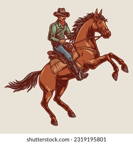 Cowboy rider colorful vintage sticker with dashing stallion and Texas man participating in race or traditional rodeo competition vector illustration