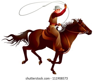 Cowboy Rider On The Horse Throwing Lasso Vector Illustration From Wild West Series