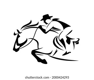 cowboy rider riding horse jumping forward - wild west ranger black and white vector outline design