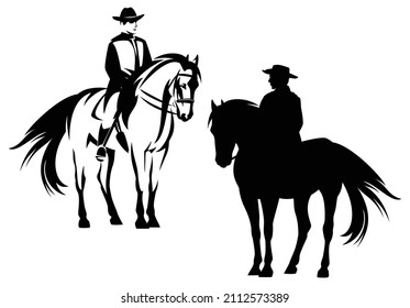 cowboy rider riding standing horse - wild west ranger black and white vector silhouette and outline design