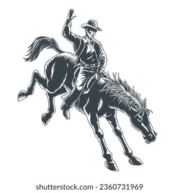 Motociclista sentado sobre una silueta salvaje de caballos mustang aislado en un fondo blanco. Ilustración monocromática de los vectores en blanco y negro