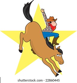 A cowboy rides a bucking bronco.  He looks happy that he's still on board.