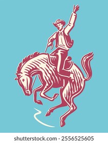 Cowboy rides bucking stallion in rodeo arena. Competition, extreme sport emblem, vector illustration