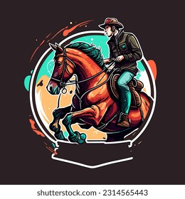 Un vaquero monta un caballo. Deporte ecuestre. Ilustración vectorial de dibujos animados. fondo negro, etiqueta, pegatina