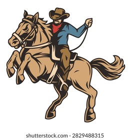 Cowboy rides spirited horse mid-leap. He grips reins, eyes focused ahead. Red scarf flutters in wind's embrace. Brown horse leaps with powerful grace. Perfect for western, adventure, or rodeo themes