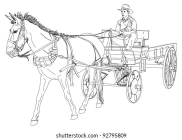 Cowboy Rides In A Wagon Pulled By A Horse. Series Of Wild West. Vector Drawing