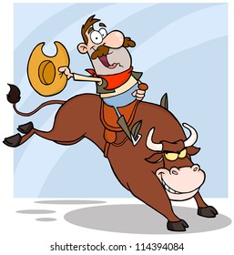 Cowboy Riding Bull In Rodeo. Vector Illustration