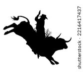cowboy riding a bull and throwing lasso fine silhouette black outline over white
