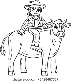 Cowboy Riding a Cattle Isolated Coloring Page 