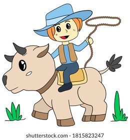 cowboy riding cow. cartoon illustration cute sticker