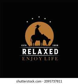 Cowboy Riding a donkey Silhouette at Sunset Relaxation logo design illustration on Moon background