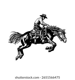 Cavalo Galopante de Equitação Cowboy, Ilustração de Rodeio Ocidental Vintage, Arte Vetorial de Cavaleiro Ocidental Selvagem