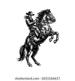 Cavalo Galopante de Equitação Cowboy, Ilustração de Rodeio Ocidental Vintage, Arte Vetorial de Cavaleiro Ocidental Selvagem