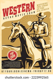 Cowboy riding his horse, retro poster design idea for western movies festival. Vintage cinema flyer with horse rider. Vector illustration.