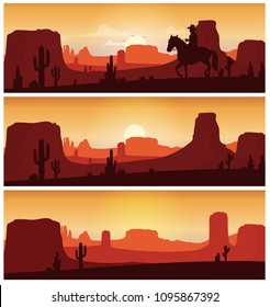 Cowboy riding horse against sunset background. Wild western silhouettes banners