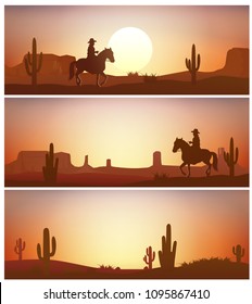 Cowboy riding horse against sunset background. Wild Western silhouettes banners