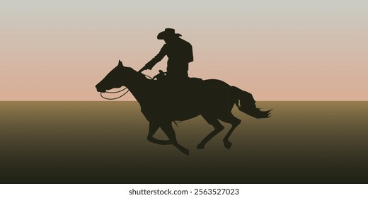 A cowboy riding a horse against a sunset background. Colored Vector illustration for the design of your works in Western style.