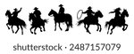 Cowboy riding horse black silhouettes set. Cowboy, cowgirl galloping with lasso. Western traditional elements collection. Vector outline illustrations isolated on white background. Hand drawn, not AI