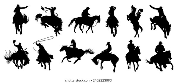 Cowboy riding horse black silhouettes vector set.