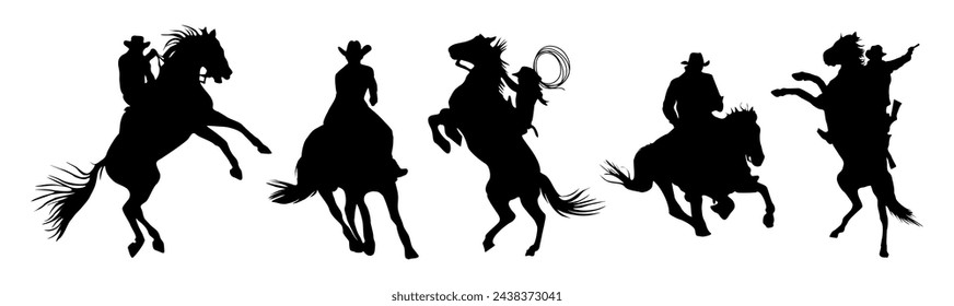 Cowboy riding horse black silhouettes vector set. 