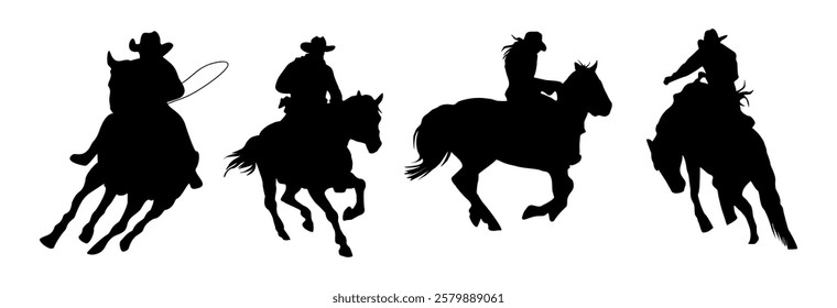 Cowboy riding horse black silhouettes set. Cowboy, cowgirl galloping with lasso. Western traditional elements collection. Vector outline hand drawn illustrations isolated on white background. 