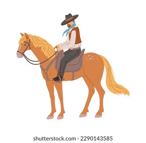 Cowboy riding horse, cartoon flat vector illustration isolated on white background. Dangerous wild west character on horseback. Western style.