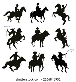 Cowboy riding horse characters Silhouettes premium vector