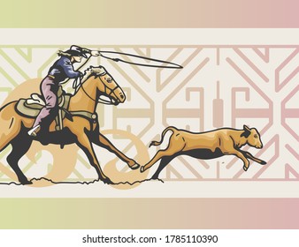 Cowboy Riding Horse Chase After Cow Abstract Farm Animal Decorative Effect Wallpaper