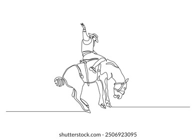 Cowboy riding horse continuous one line drawing. Ranger and horse single line art illustration. Editable vector.