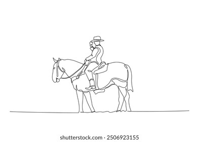 Cowboy riding horse continuous one line drawing. Ranger and horse single line art illustration. Editable vector.