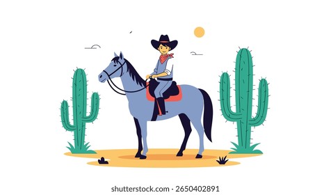 Cowboy riding a horse in a desert landscape with cacti and a bright sun