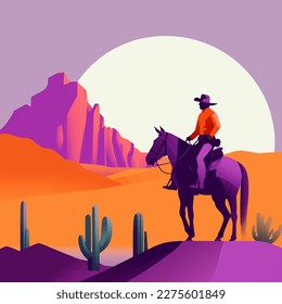 Vaquero montando un caballo, desierto, montaña, cactus vectores ilustraciones para afiches, fondo o cubierta