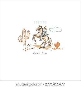 Cowboy riding horse in desert pattern. Wils west landscape print. Western rodeo design. West desert lifestyle. Sketch for t-shirt print, home decor, paper and fabric. Ride free typography
