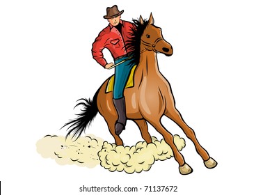 Cowboy. Riding the horse. Dramatic action. Cartoon vector illustration.